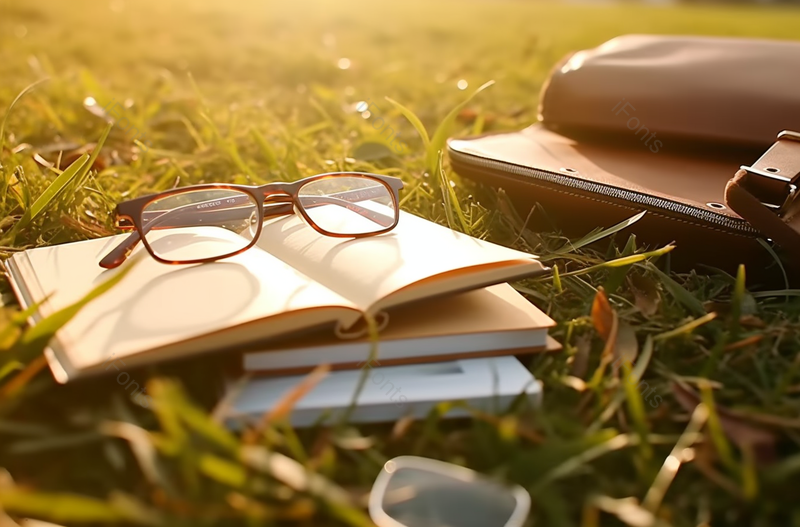 大学校园草坪上课本书本眼镜实拍摄影图,高清,摄影图,摄影图片,图片大全,摄影图免费下载